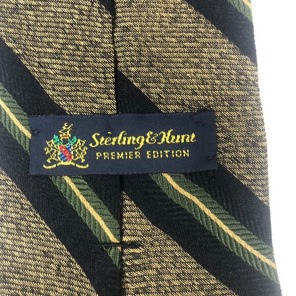 Sterling & Hunt Premier Edition Pure Silk Repp Tie Black Gold Green Stripes Ital - Picture 4 of 5